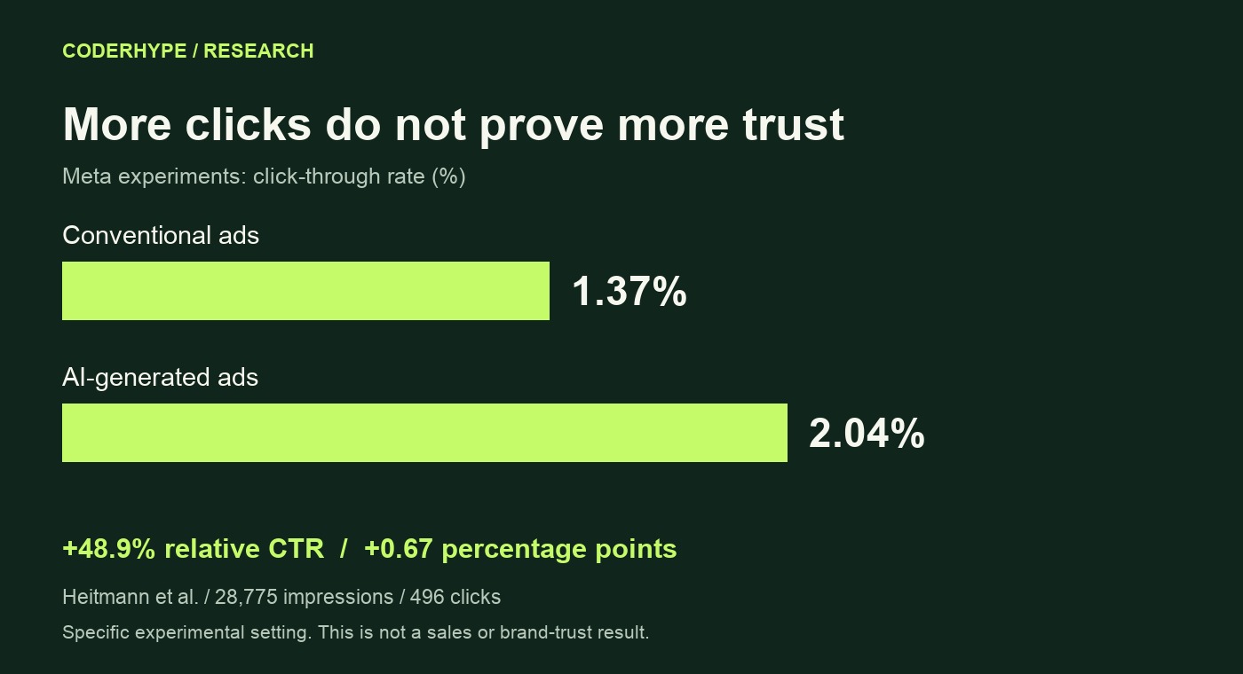 Meta experiments: conventional ads 1.37 percent CTR; AI ads 2.04 percent CTR; sales not established by this result