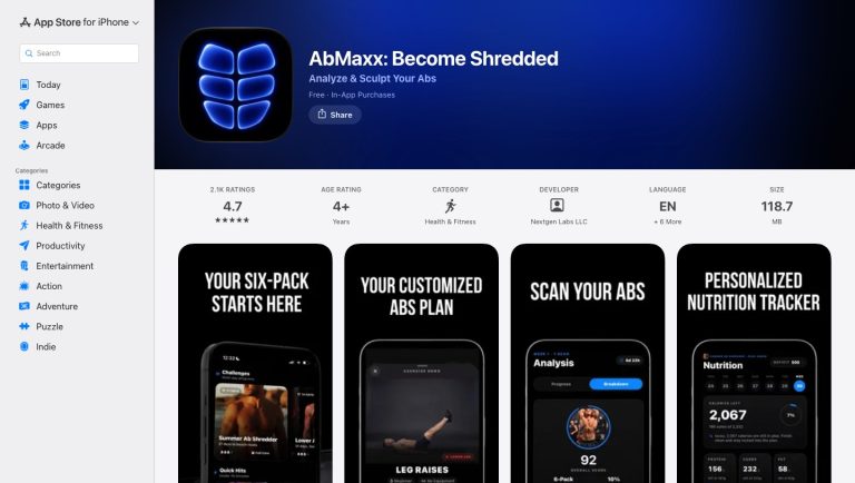 AbMaxx’s App Store listing, app identity and developer-supplied preview gallery.