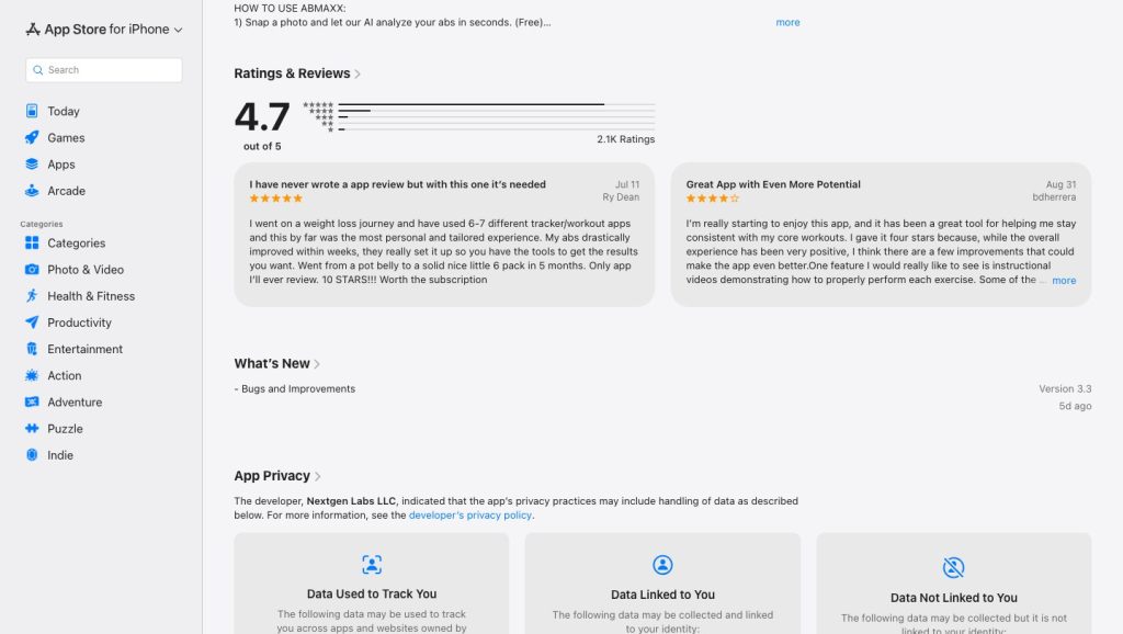 App Store ratings, reviews and update information at capture time.
