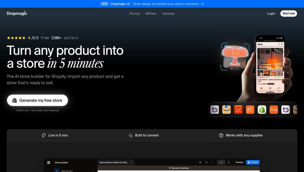 Dropmagic homepage and product-import proposition.