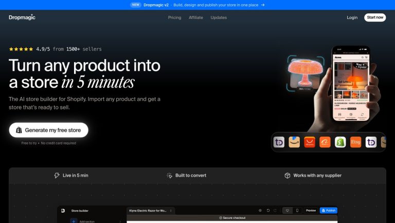 Dropmagic homepage and product-import proposition.