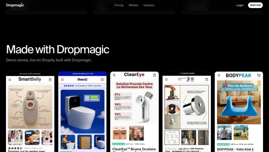 Examples of storefronts displayed on the Dropmagic website.