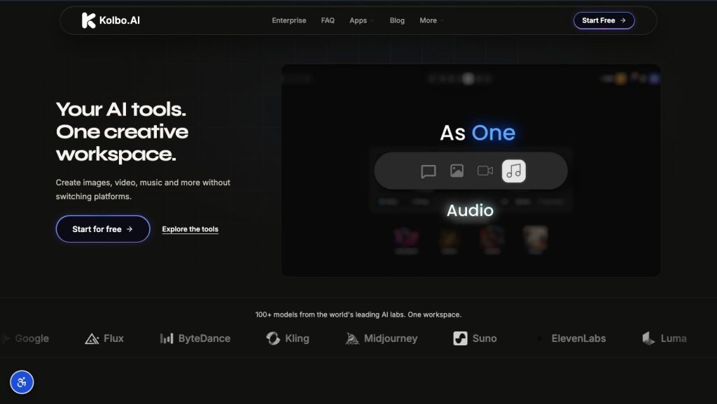 Kolbo.AI homepage introducing its shared creative workspace.