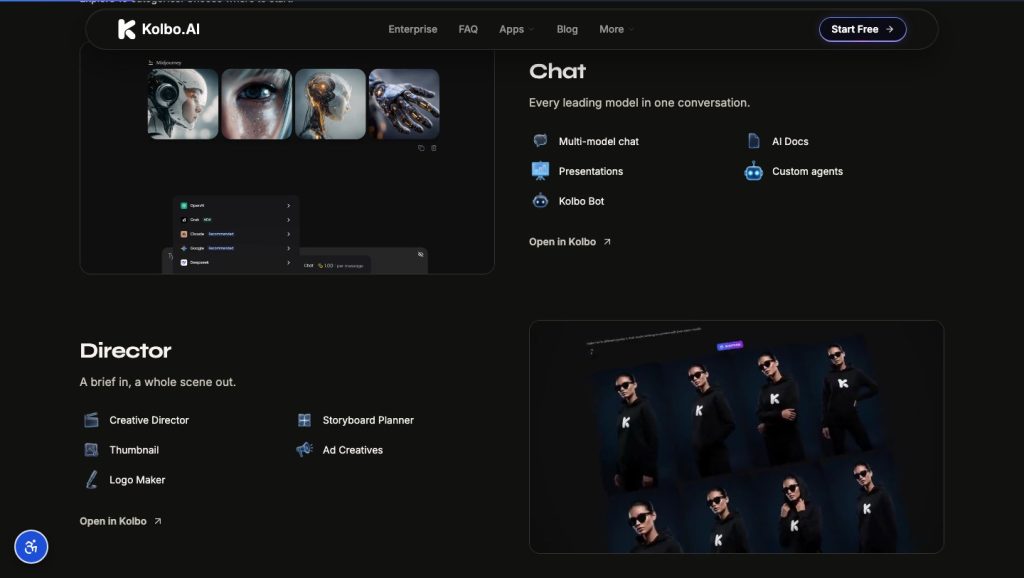 Chat and Director workflows presented on the product website.