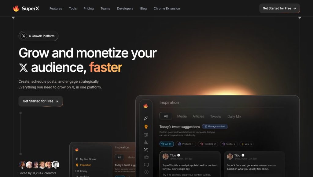 SuperX homepage and publishing-growth proposition.