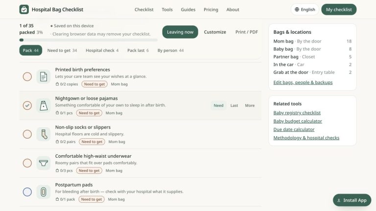 Hospital Bag Checklist website and product interface