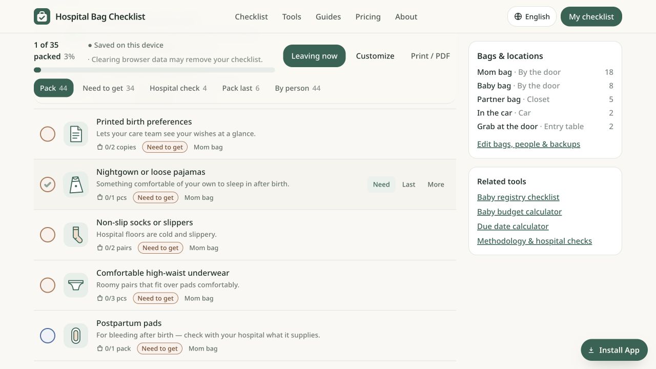 Hospital Bag Checklist website and product interface