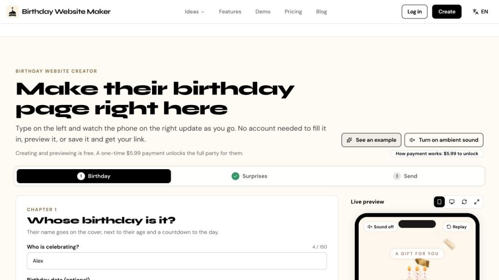 Birthday Website Maker website and product interface