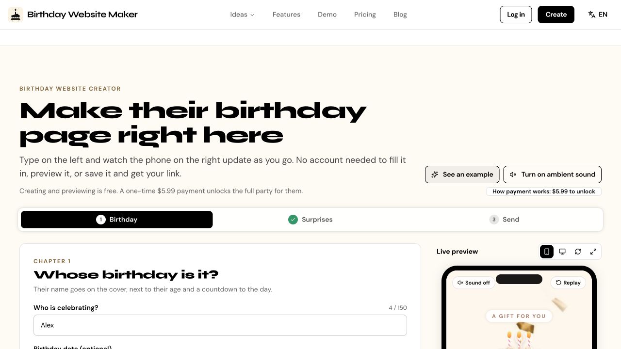 Birthday Website Maker website and product interface