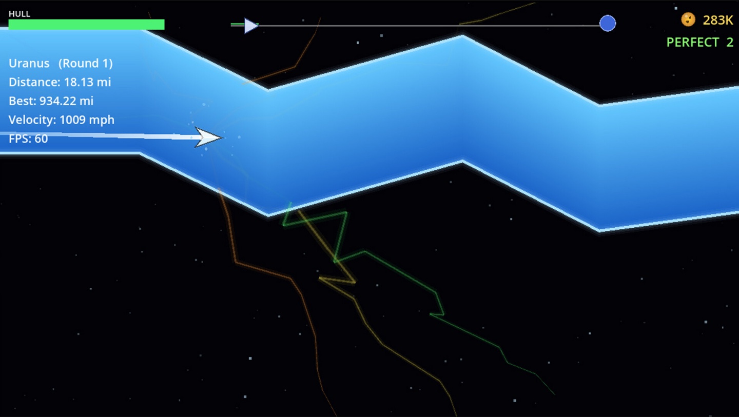 Dubstep Solar System gameplay showing a ship flying through a blue rhythm tunnel