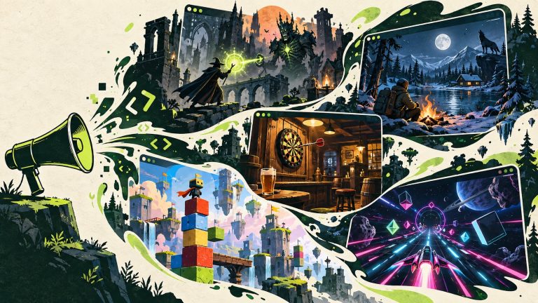Original CoderHype illustration of five game worlds emerging from a code megaphone