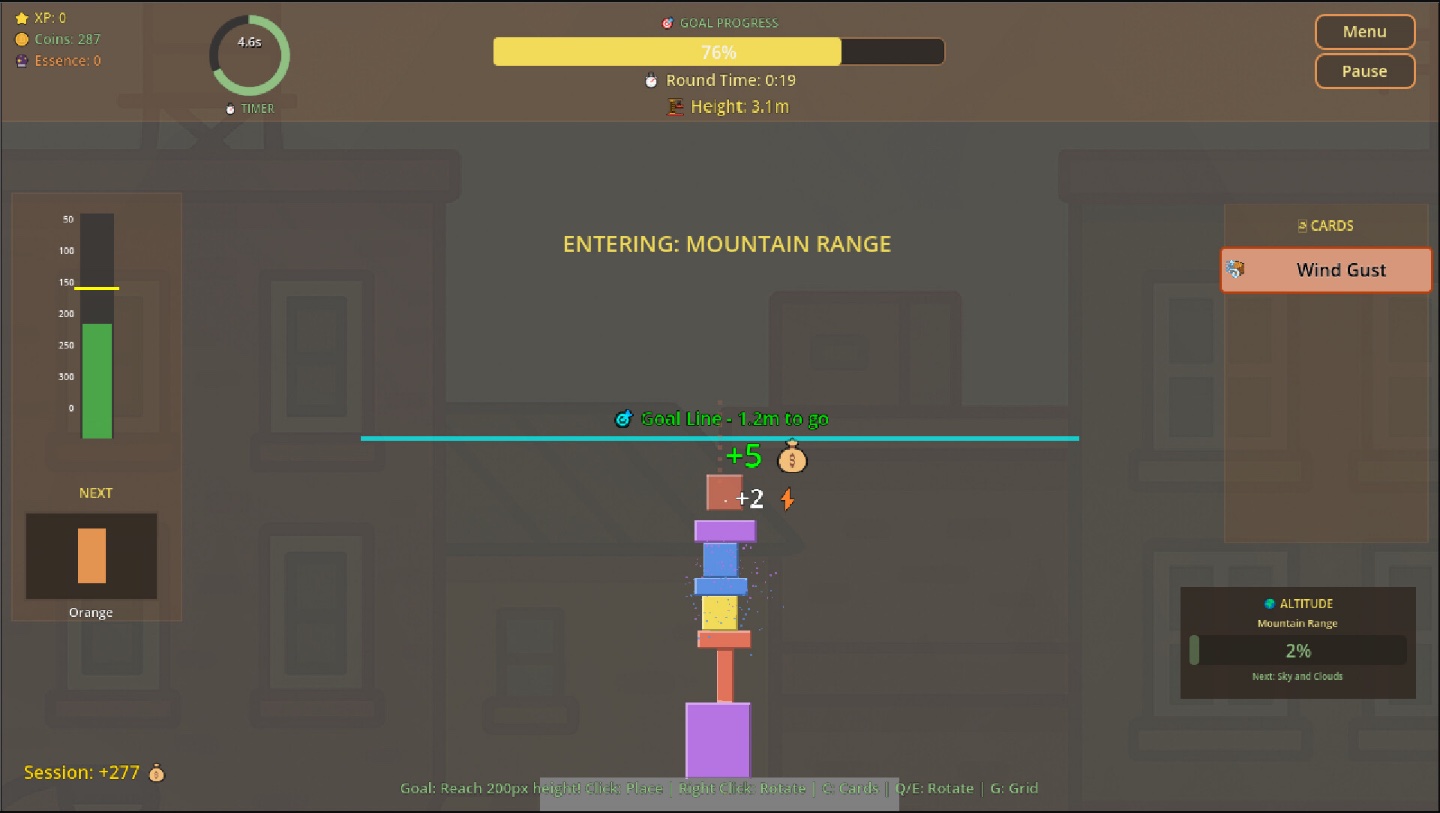 Stackbound gameplay showing a block tower, progress bar and cards