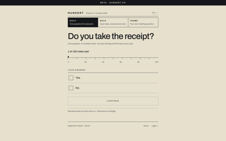 Hundert homepage screenshot, captured by CoderHype on October 1, 2026