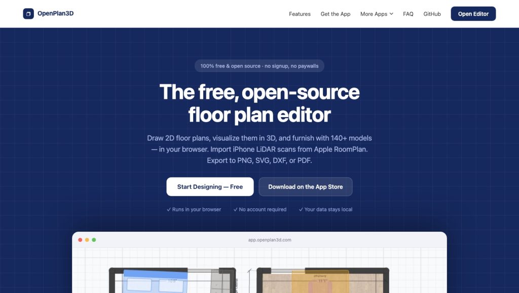 OpenPlan3D makes a home plan editable without an account official project page captured by CoderHype on October 6, 2026