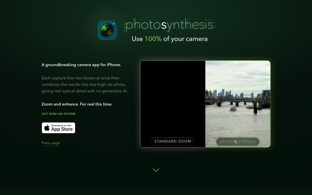 Photosynthesis Camera homepage screenshot, captured by CoderHype on October 1, 2026