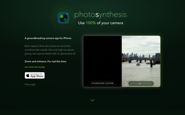 Photosynthesis Camera homepage screenshot, captured by CoderHype on October 1, 2026