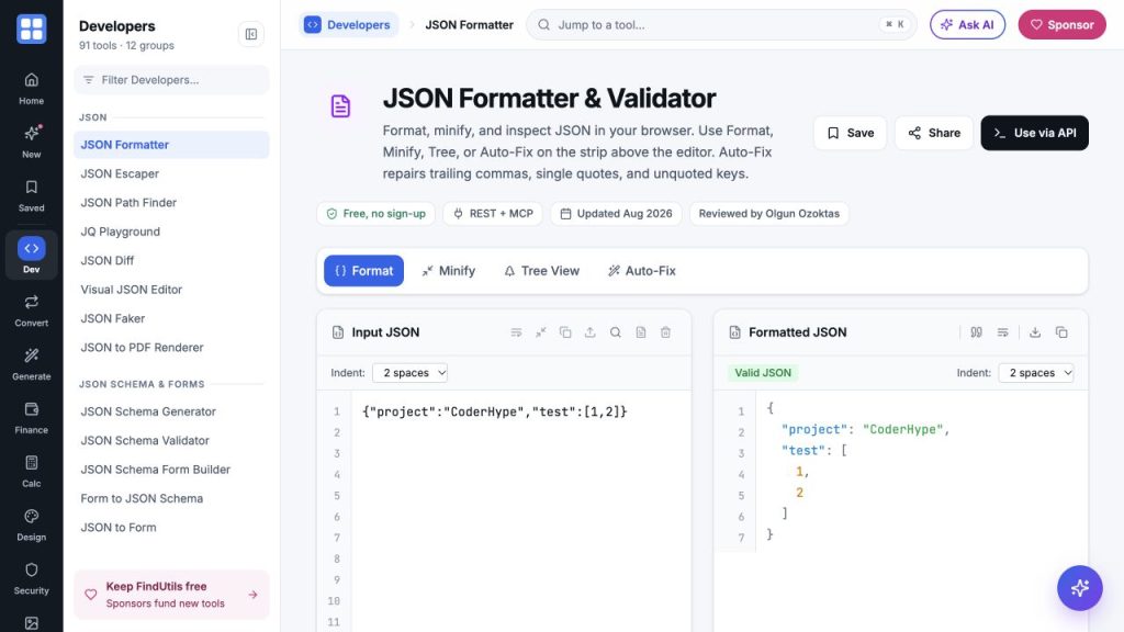 FindUtils JSON formatter tested with sample data by CoderHype
