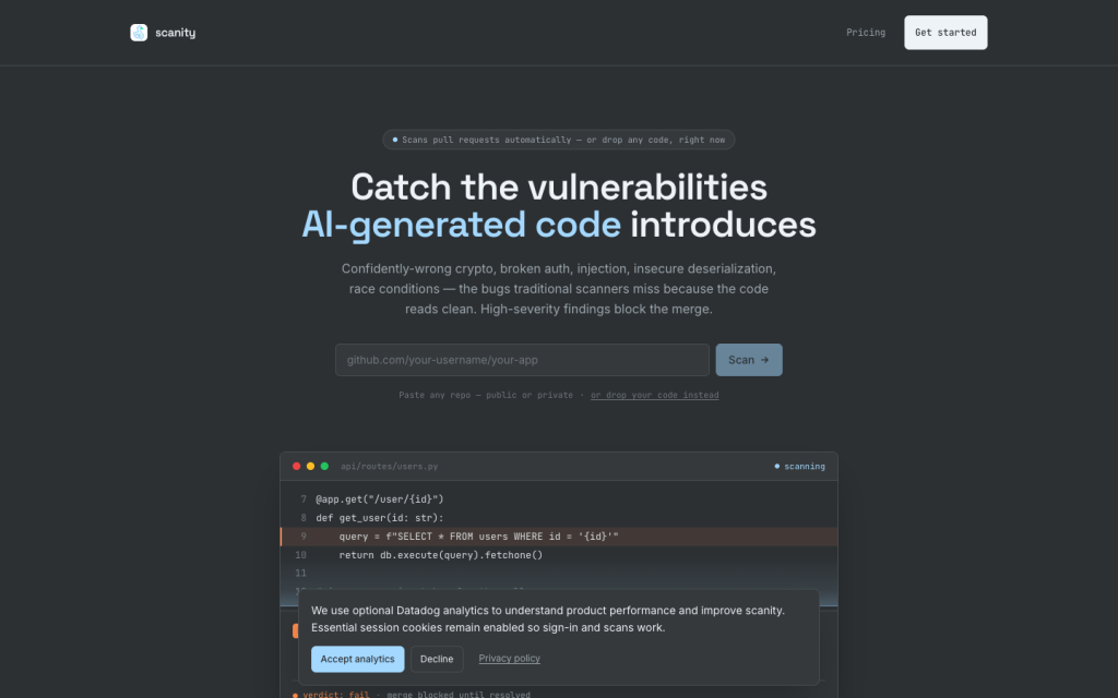 Scanity homepage screenshot, captured by CoderHype on October 1, 2026