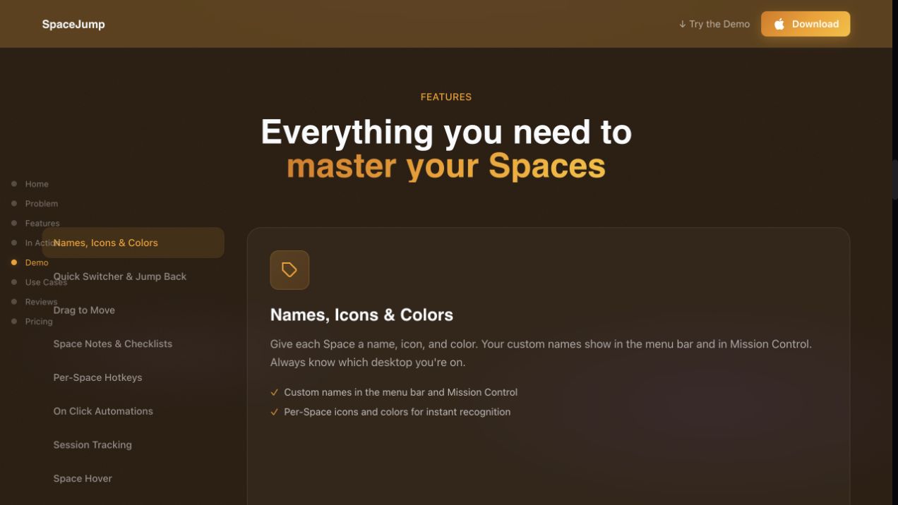 SpaceJump website: product features