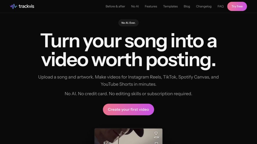 TrackVis turns a finished song into a short promo video website screenshot captured by CoderHype on October 1, 2026