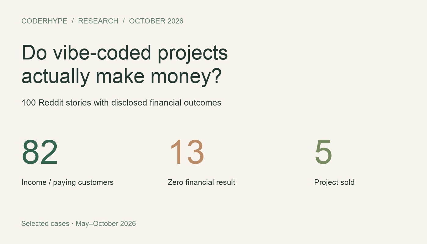 Financial outcomes among 100 selected Reddit cases: 82 earning, 13 zero results, five project sales.