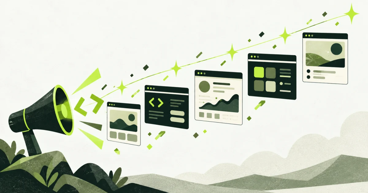 Illustration of five app windows rising from a megaphone