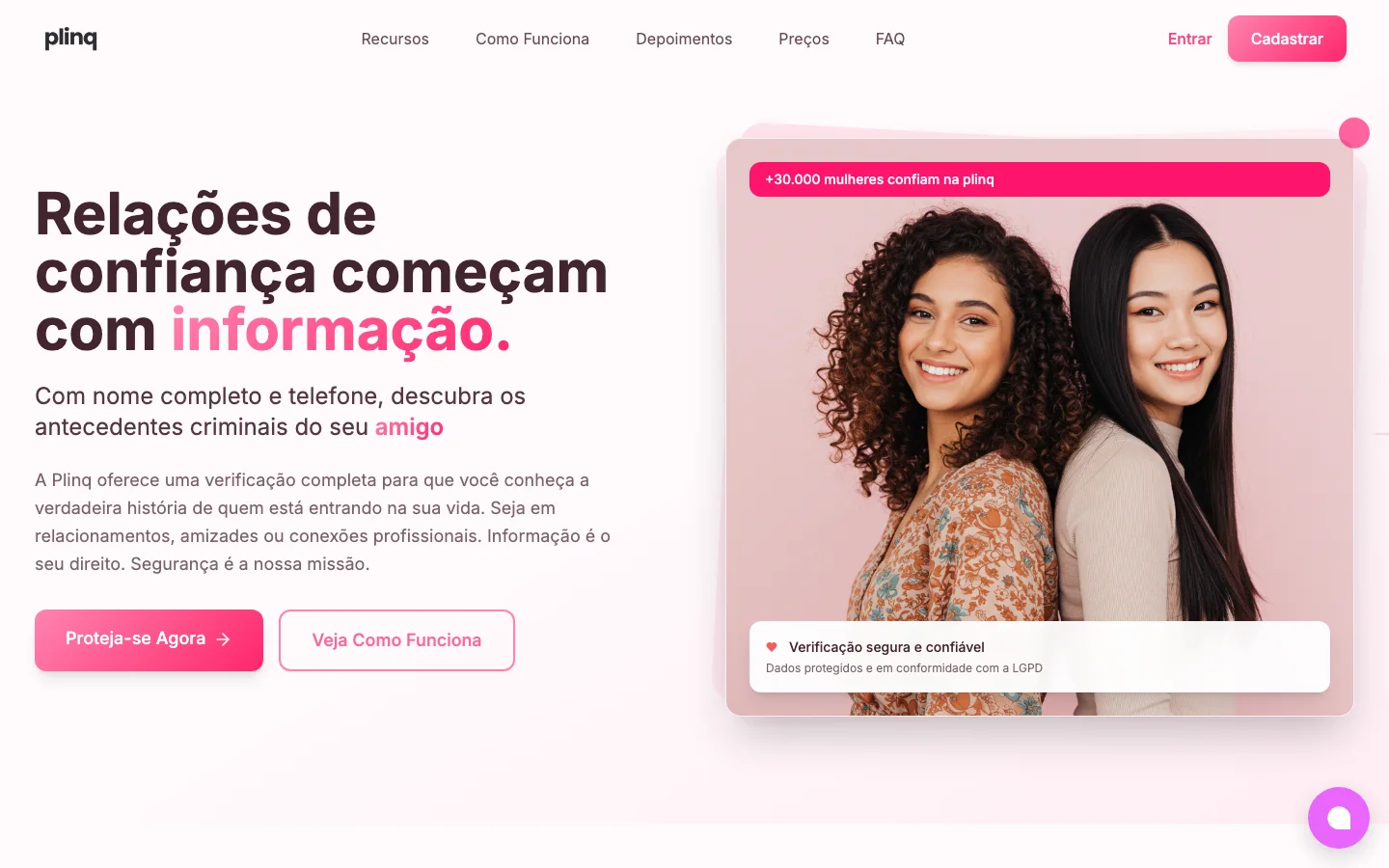 Plinq homepage explaining its public-records checks for safer dating