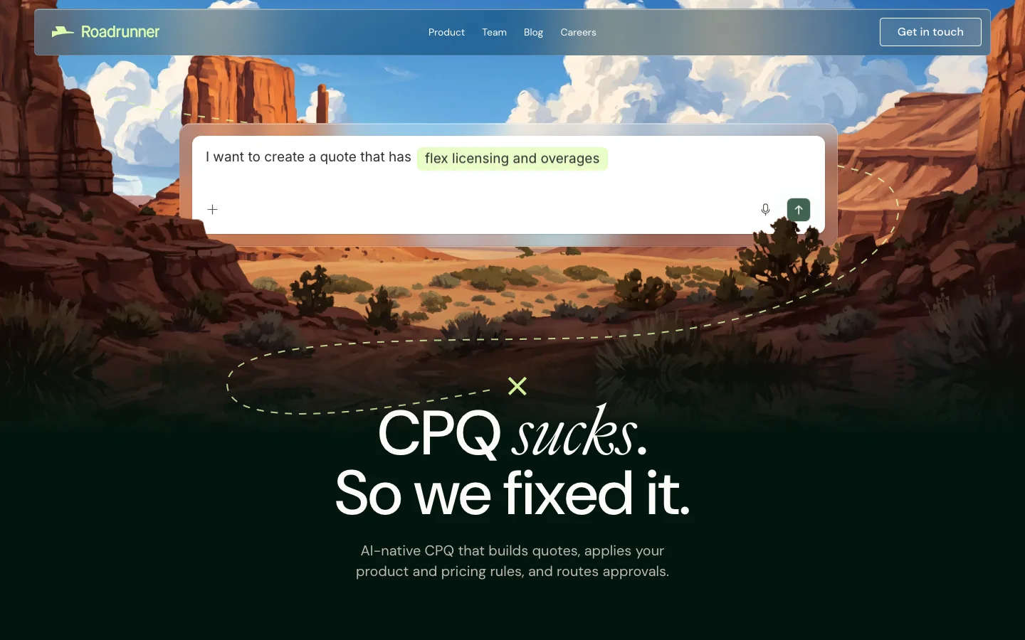 Roadrunner homepage showing its natural-language quoting interface
